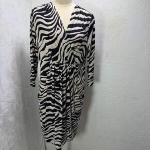 Alfani Womens L Zebra Animal Print Faux Wrap Jersey Dress Black Cream